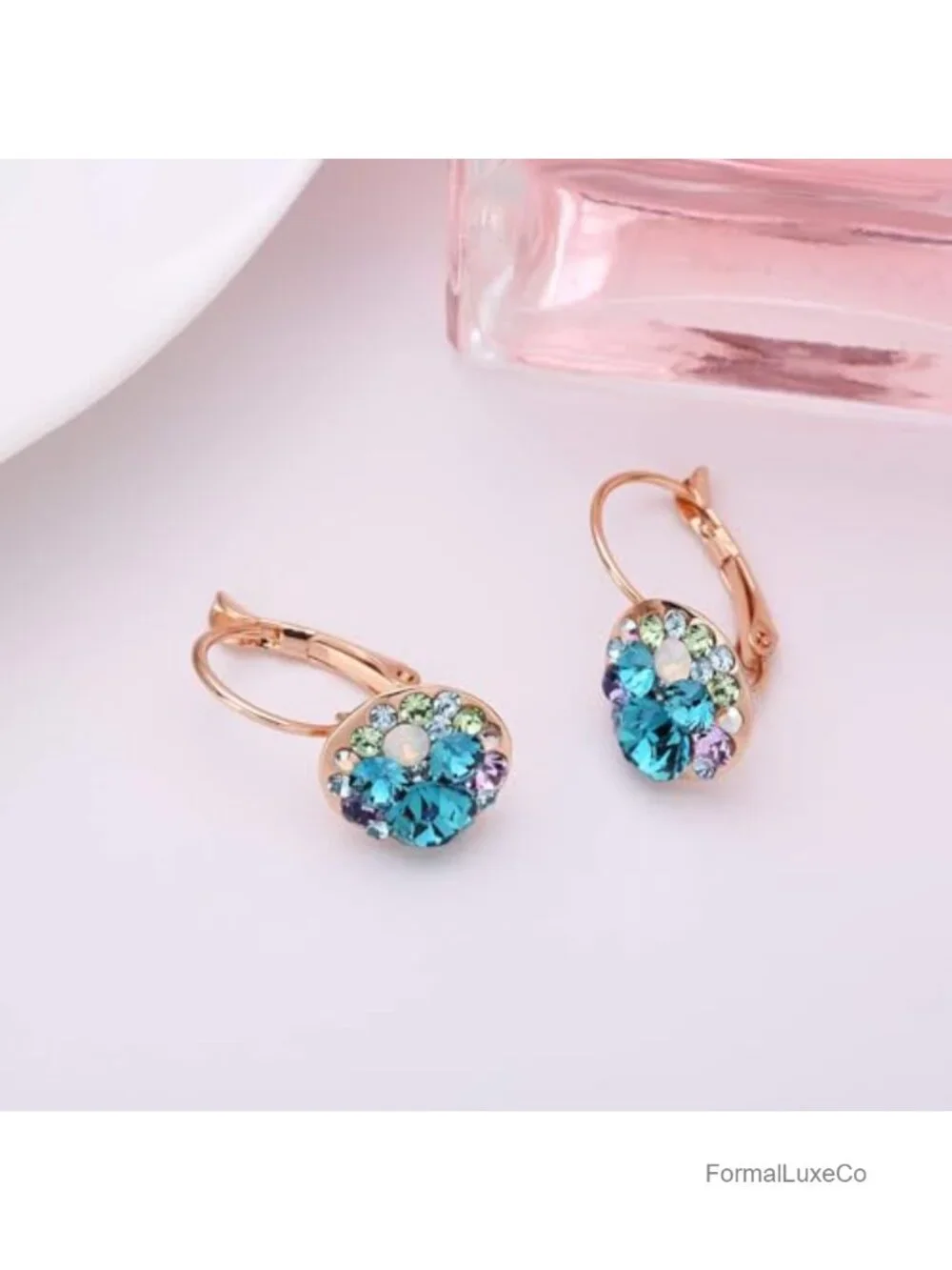 14K Gold Plated Crystal Leverback Dangle Hoop Earrings Hypoallergenic